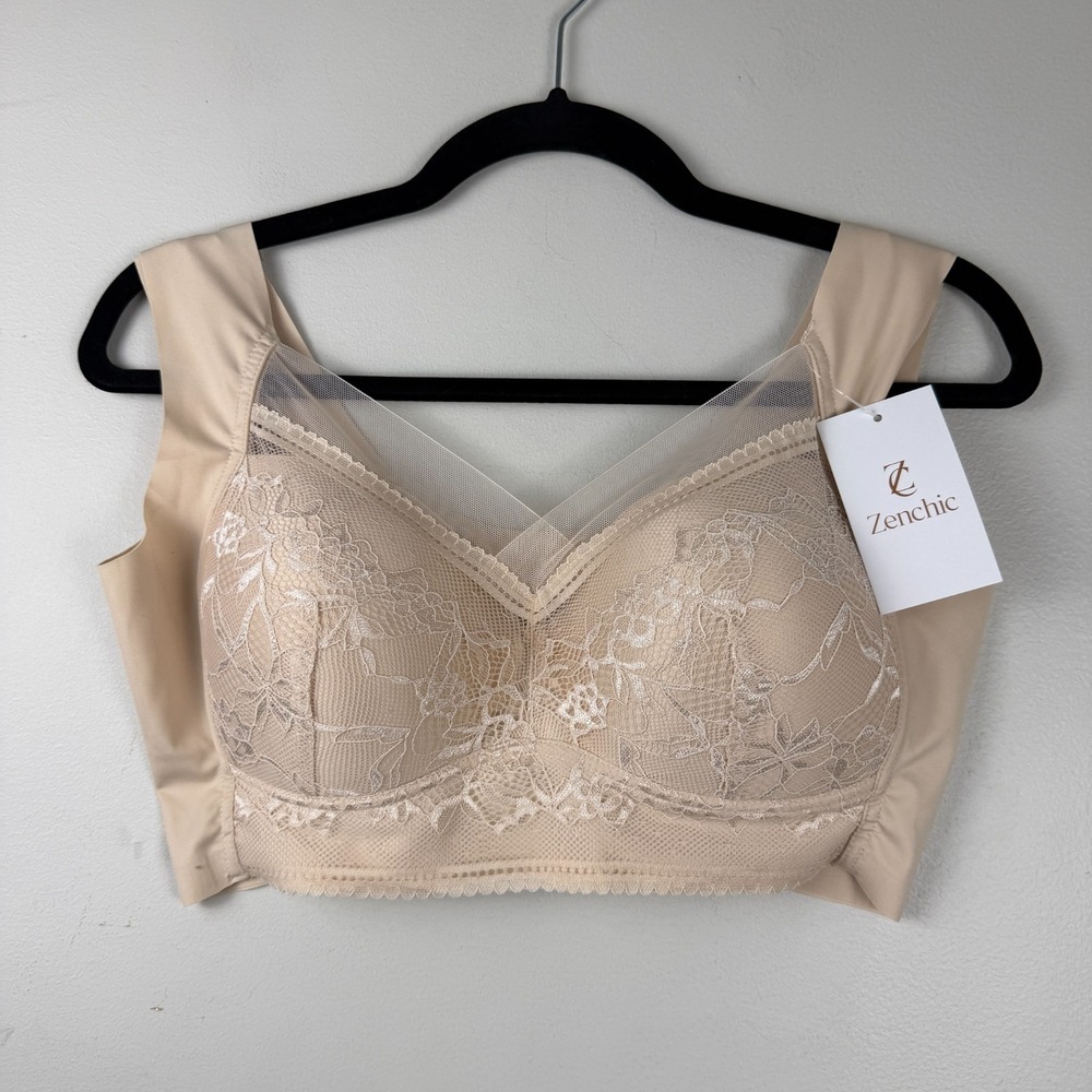 Zen Chic Bralette Bra Womens Size 2XL Beige Lace Mesh Detail Wireless Pullover